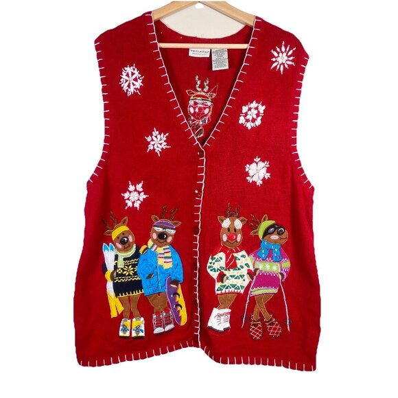 White Stag Winter Reindeer Holiday Christmas 16W Red Embroidered Sweater Vest - Picture 1 of 12